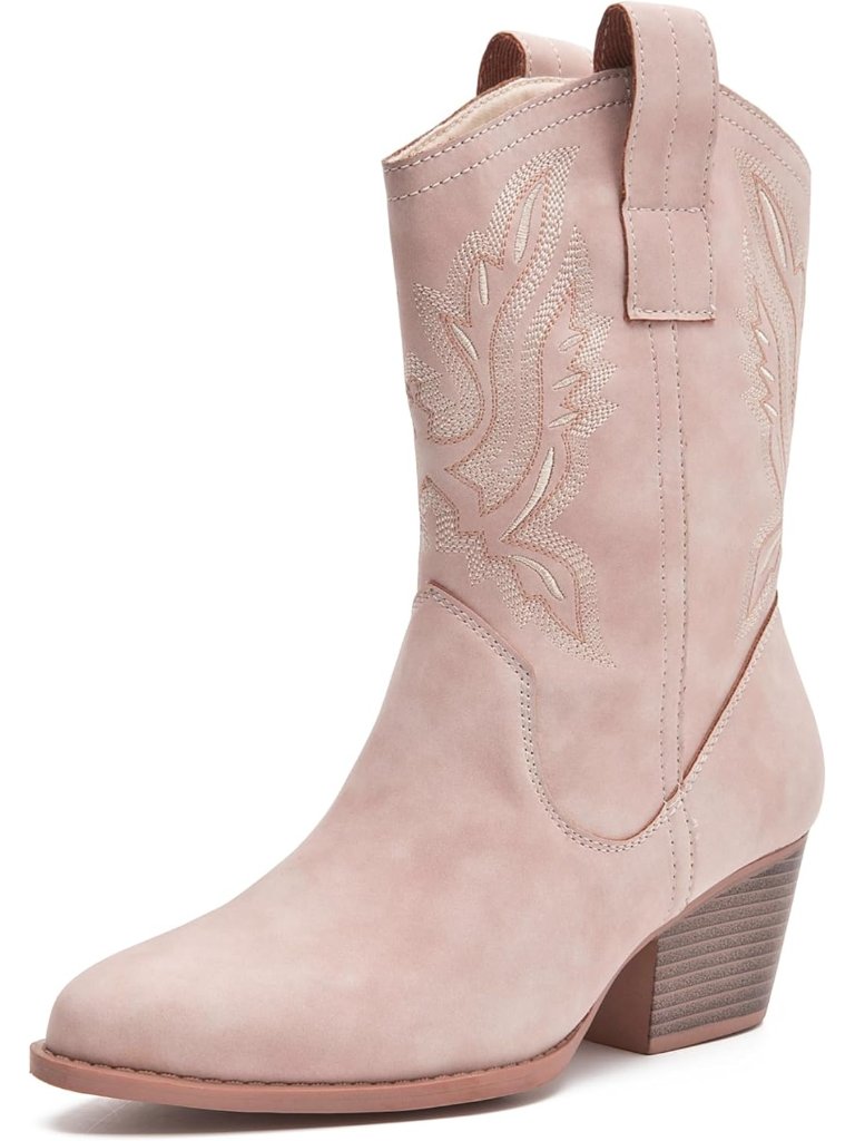 Women's Light Pink Cowgirl Short Boots Ankle Boot Block Heel Suede Booties